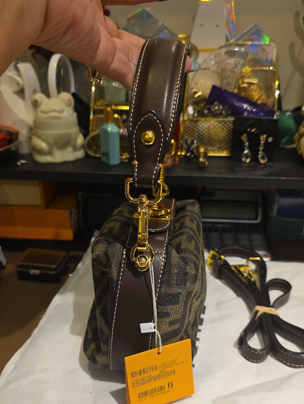 Designer Monogram Brown Canvas Shoulder Bag with Gold Hardware